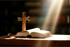 cerca arriba de un santo Biblia y cristiano cruzar en de madera mesa. contento bueno viernes o religión concepto por ai generado foto