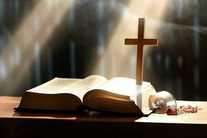 Close up of a holy bible and christian cross on wooden table. Happy good friday or religion concept by AI Generated photo