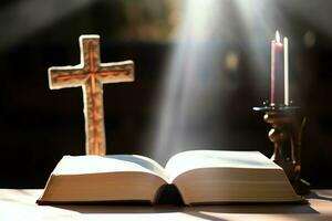 cerca arriba de un santo Biblia y cristiano cruzar en de madera mesa. contento bueno viernes o religión concepto por ai generado foto