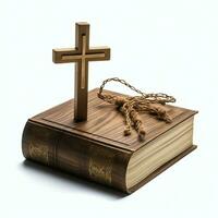 Close up of a holy bible and christian cross on wooden table. Happy good friday or religion concept by AI Generated photo