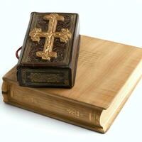 Close up of a holy bible and christian cross on wooden table. Happy good friday or religion concept by AI Generated photo