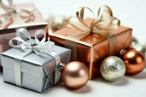 A christmas gift, xmas or present box objects on holiday mood background in winter. Merry christmas concept by AI Generated photo