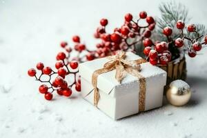 un Navidad regalo, Navidad o presente caja objetos en fiesta estado animico antecedentes en invierno. alegre Navidad concepto por ai generado foto