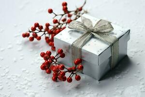 un Navidad regalo, Navidad o presente caja objetos en fiesta estado animico antecedentes en invierno. alegre Navidad concepto por ai generado foto