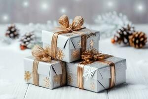 A christmas gift, xmas or present box objects on holiday mood background in winter. Merry christmas concept by AI Generated photo