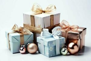 A christmas gift, xmas or present box objects on holiday mood background in winter. Merry christmas concept by AI Generated photo