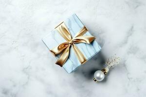 A christmas gift, xmas or present box objects on holiday mood background in winter. Merry christmas concept by AI Generated photo