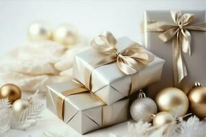 A christmas gift, xmas or present box objects on holiday mood background in winter. Merry christmas concept by AI Generated photo