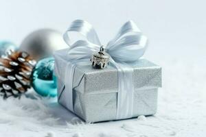 A christmas gift, xmas or present box objects on holiday mood background in winter. Merry christmas concept by AI Generated photo