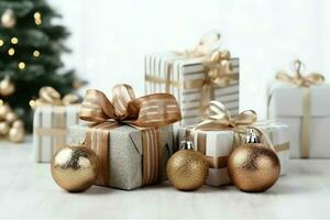 A christmas gift, xmas or present box objects on holiday mood background in winter. Merry christmas concept by AI Generated photo
