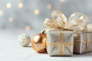 A christmas gift, xmas or present box objects on holiday mood background in winter. Merry christmas concept by AI Generated photo