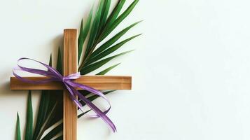 A christian wooden cross crucifix sign with green palm leaves as religious holiday. Palm sunday event concept by AI Generated photo