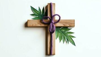 A christian wooden cross crucifix sign with green palm leaves as religious holiday. Palm sunday event concept by AI Generated photo