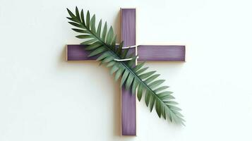 A christian wooden cross crucifix sign with green palm leaves as religious holiday. Palm sunday event concept by AI Generated photo