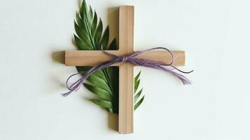 A christian wooden cross crucifix sign with green palm leaves as religious holiday. Palm sunday event concept by AI Generated photo