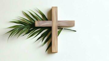 un cristiano de madera cruzar crucifijo firmar con verde palma hojas como religioso día festivo. palma domingo evento concepto por ai generado foto