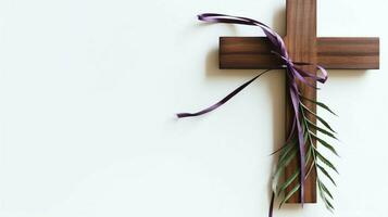 A christian wooden cross crucifix sign with green palm leaves as religious holiday. Palm sunday event concept by AI Generated photo