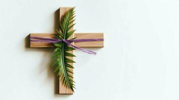 A christian wooden cross crucifix sign with green palm leaves as religious holiday. Palm sunday event concept by AI Generated photo