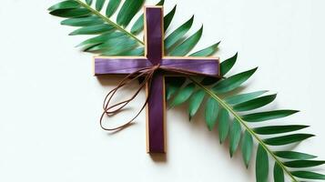 A christian wooden cross crucifix sign with green palm leaves as religious holiday. Palm sunday event concept by AI Generated photo