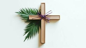 A christian wooden cross crucifix sign with green palm leaves as religious holiday. Palm sunday event concept by AI Generated photo