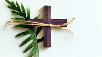 A christian wooden cross crucifix sign with green palm leaves as religious holiday. Palm sunday event concept by AI Generated photo