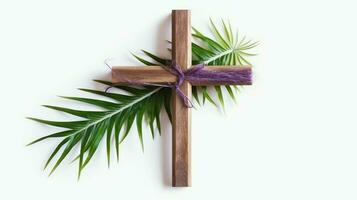 A christian wooden cross crucifix sign with green palm leaves as religious holiday. Palm sunday event concept by AI Generated photo