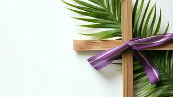 A christian wooden cross crucifix sign with green palm leaves as religious holiday. Palm sunday event concept by AI Generated photo