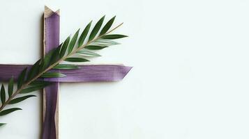 un cristiano de madera cruzar crucifijo firmar con verde palma hojas como religioso día festivo. palma domingo evento concepto por ai generado foto