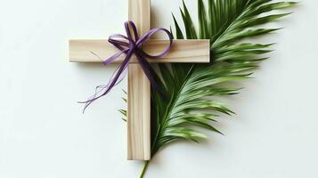 A christian wooden cross crucifix sign with green palm leaves as religious holiday. Palm sunday event concept by AI Generated photo