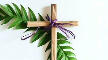 A christian wooden cross crucifix sign with green palm leaves as religious holiday. Palm sunday event concept by AI Generated photo