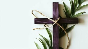 un cristiano de madera cruzar crucifijo firmar con verde palma hojas como religioso día festivo. palma domingo evento concepto por ai generado foto