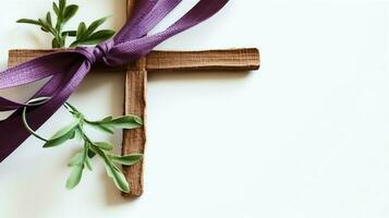 A christian wooden cross crucifix sign with green palm leaves as religious holiday. Palm sunday event concept by AI Generated photo