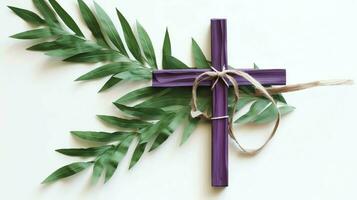 A christian wooden cross crucifix sign with green palm leaves as religious holiday. Palm sunday event concept by AI Generated photo