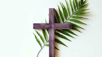 A christian wooden cross crucifix sign with green palm leaves as religious holiday. Palm sunday event concept by AI Generated photo