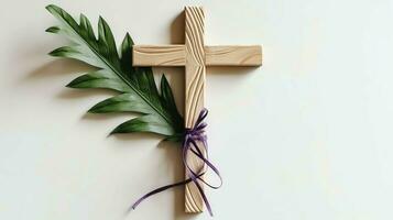 A christian wooden cross crucifix sign with green palm leaves as religious holiday. Palm sunday event concept by AI Generated photo