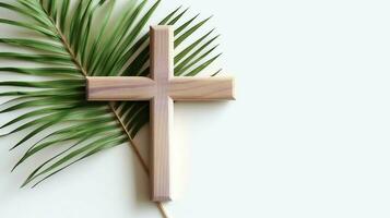 un cristiano de madera cruzar crucifijo firmar con verde palma hojas como religioso día festivo. palma domingo evento concepto por ai generado foto