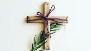 A christian wooden cross crucifix sign with green palm leaves as religious holiday. Palm sunday event concept by AI Generated photo