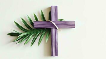 A christian wooden cross crucifix sign with green palm leaves as religious holiday. Palm sunday event concept by AI Generated photo