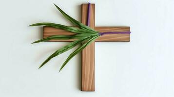 un cristiano de madera cruzar crucifijo firmar con verde palma hojas como religioso día festivo. palma domingo evento concepto por ai generado foto