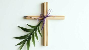 A christian wooden cross crucifix sign with green palm leaves as religious holiday. Palm sunday event concept by AI Generated photo