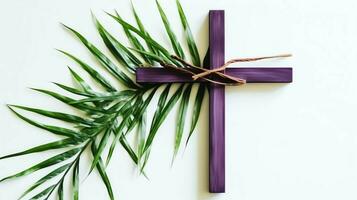 A christian wooden cross crucifix sign with green palm leaves as religious holiday. Palm sunday event concept by AI Generated photo