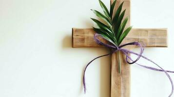 A christian wooden cross crucifix sign with green palm leaves as religious holiday. Palm sunday event concept by AI Generated photo