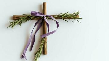 un cristiano de madera cruzar crucifijo firmar con verde palma hojas como religioso día festivo. palma domingo evento concepto por ai generado foto