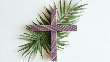 A christian wooden cross crucifix sign with green palm leaves as religious holiday. Palm sunday event concept by AI Generated photo