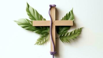 A christian wooden cross crucifix sign with green palm leaves as religious holiday. Palm sunday event concept by AI Generated photo