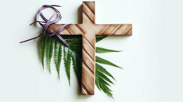 un cristiano de madera cruzar crucifijo firmar con verde palma hojas como religioso día festivo. palma domingo evento concepto por ai generado foto