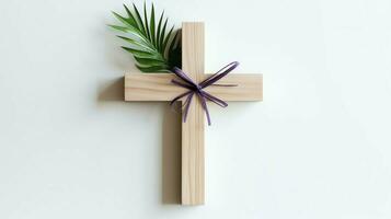 A christian wooden cross crucifix sign with green palm leaves as religious holiday. Palm sunday event concept by AI Generated photo