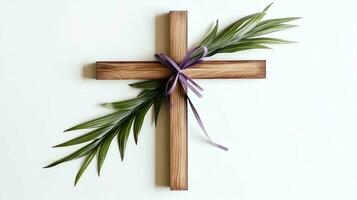 A christian wooden cross crucifix sign with green palm leaves as religious holiday. Palm sunday event concept by AI Generated photo