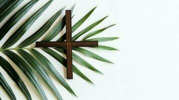 un cristiano de madera cruzar crucifijo firmar con verde palma hojas como religioso día festivo. palma domingo evento concepto por ai generado foto