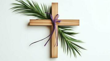 A christian wooden cross crucifix sign with green palm leaves as religious holiday. Palm sunday event concept by AI Generated photo